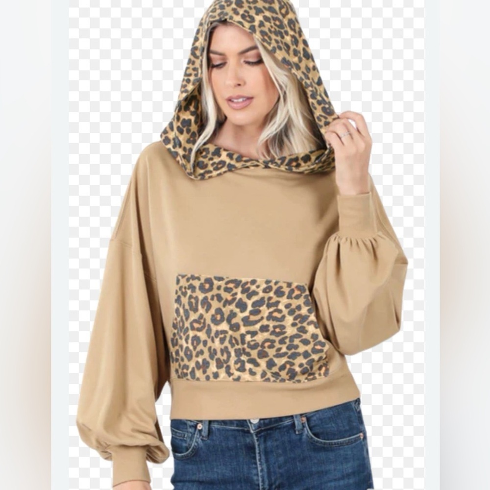 Zenana Leopard Print Cropped Hoodie Small Tan Animal Print